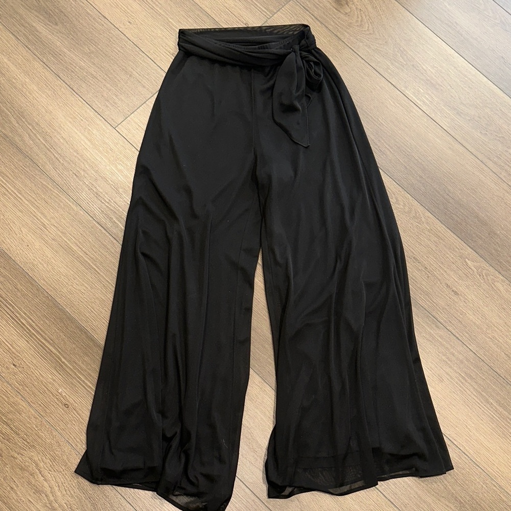 Black Wide-Leg Chiffon Pants with Tie